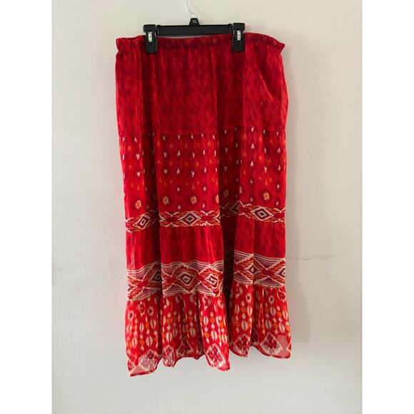 JM Collection Womens Tiered Maxi Skirt Size 12 Red Aztec Boho Southwestern - Picture 1 of 5